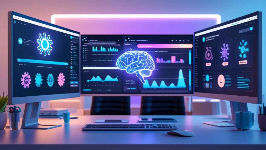 Photorealistic modern office with AI dashboards, holographic icons, and soft gradient lighting