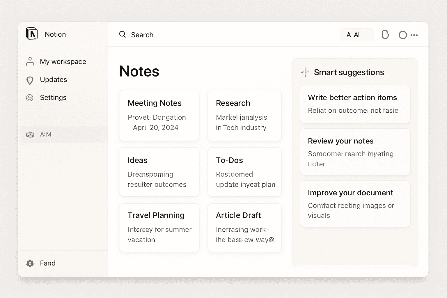 Notion workspace with AI widgets for smart suggestions and automated note organization in a clean digital layout