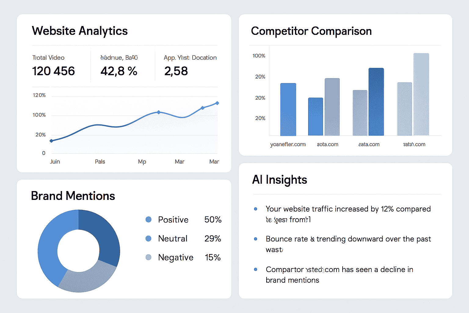 AI-powered dashboard with website analytics, competitor tracking, and brand mentions shown in clean charts and graphs.